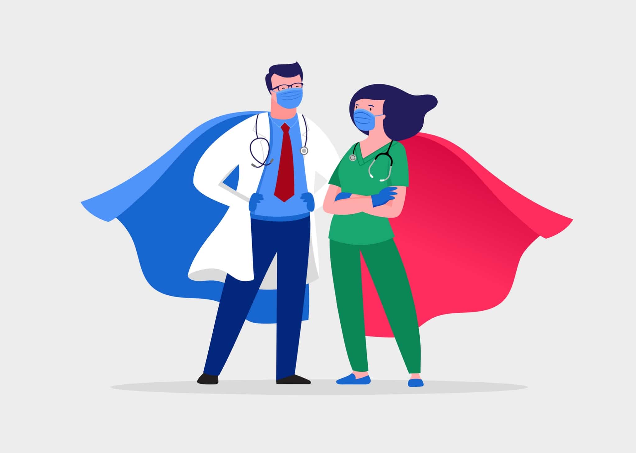 Super doctor and nurse wearing medical masks and cape