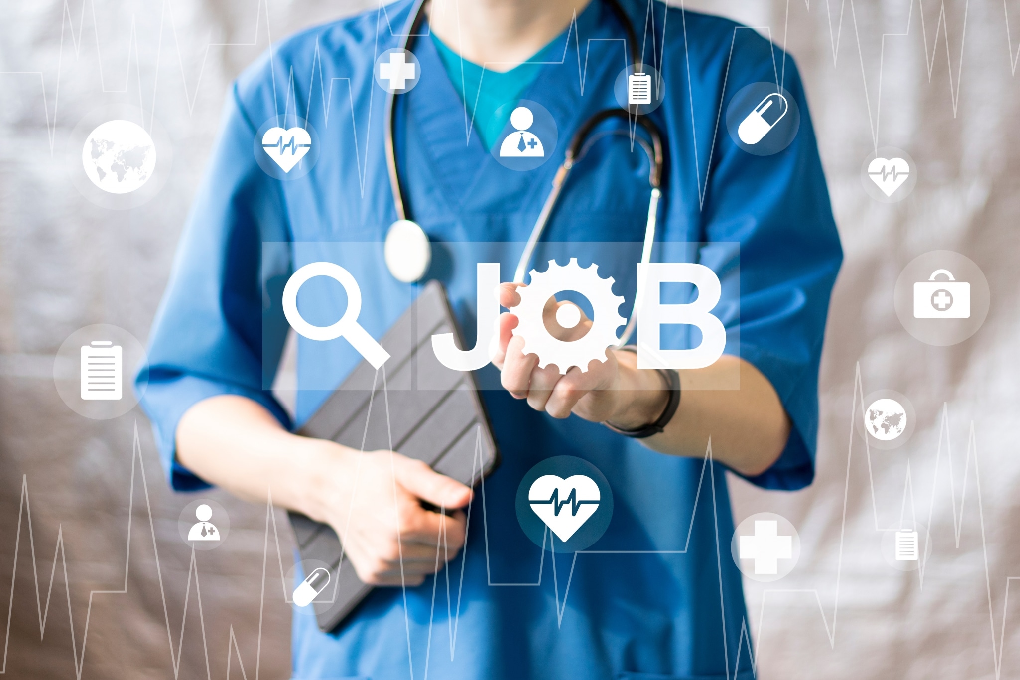 Doctor pushing a virtual job search button