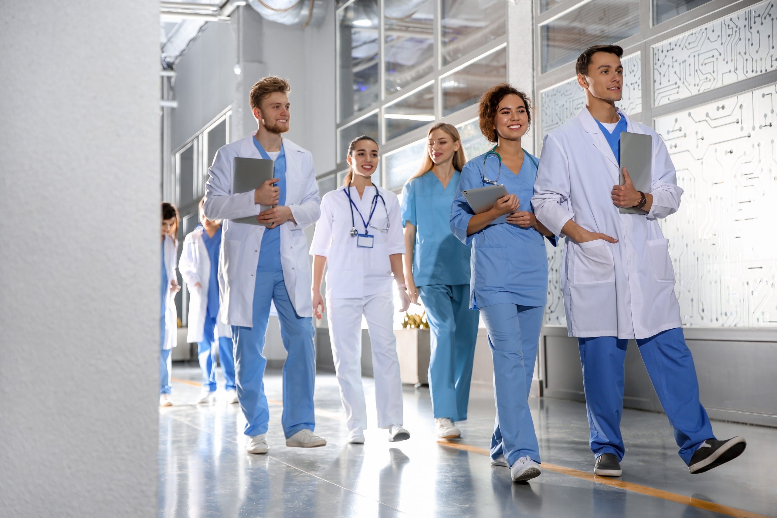 Group of medical students in a hallway