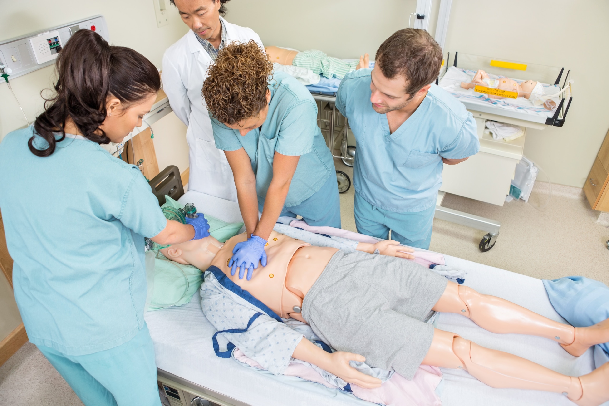 Group of medical students practicing CPR on a mannequin
