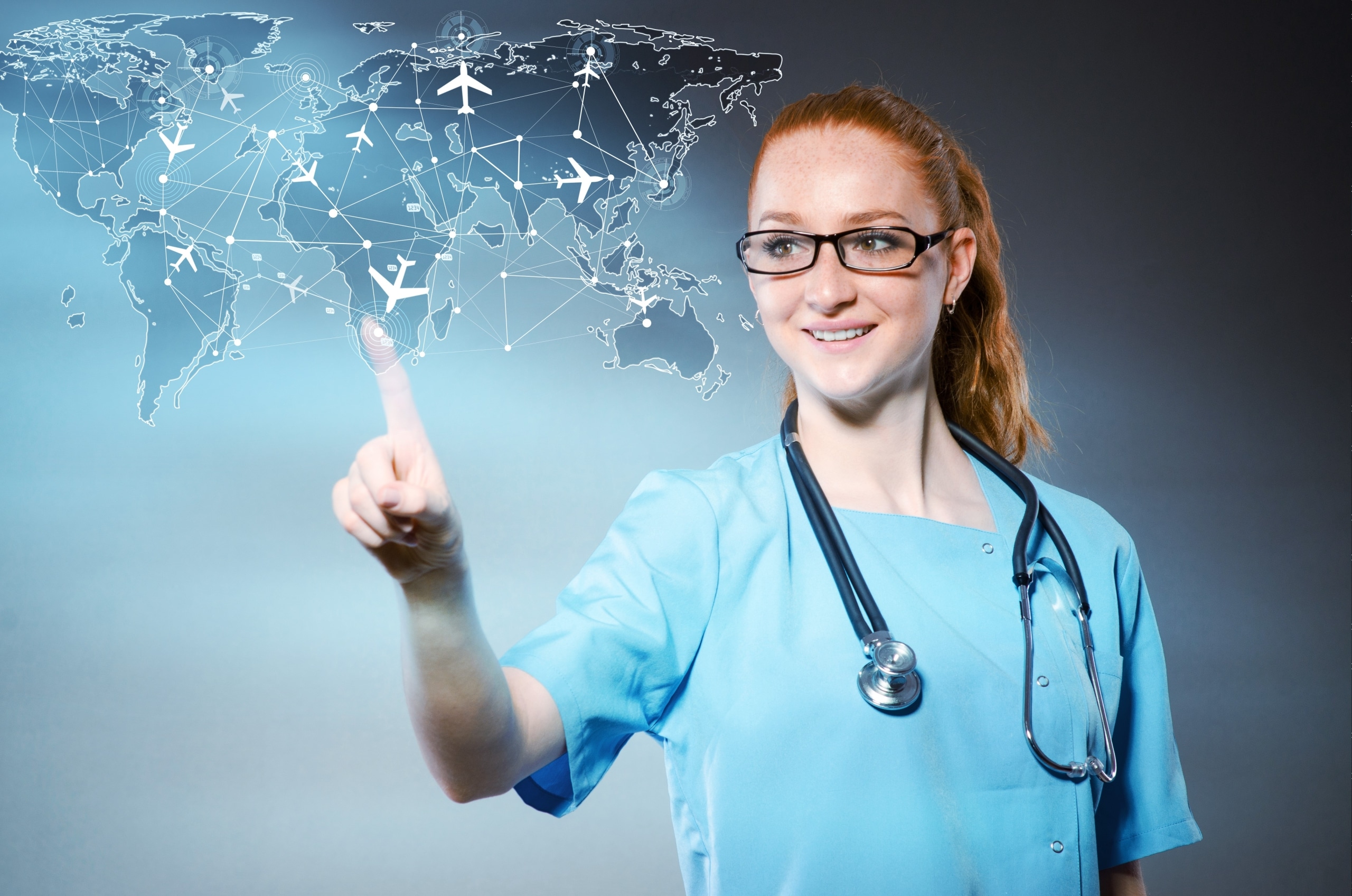 Nurse with a stethoscope touching a virtual map