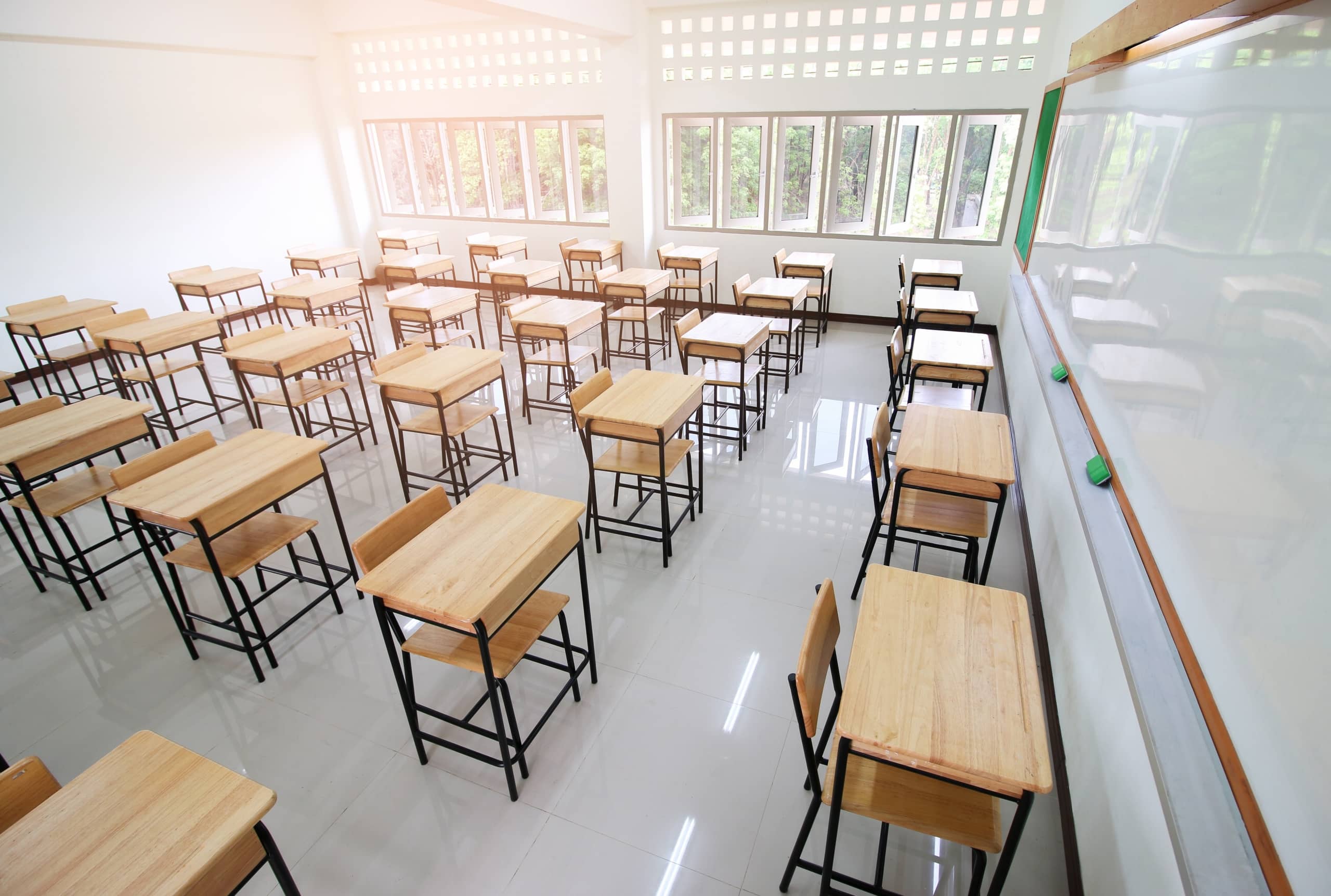 Sunny classroom with empty seats
