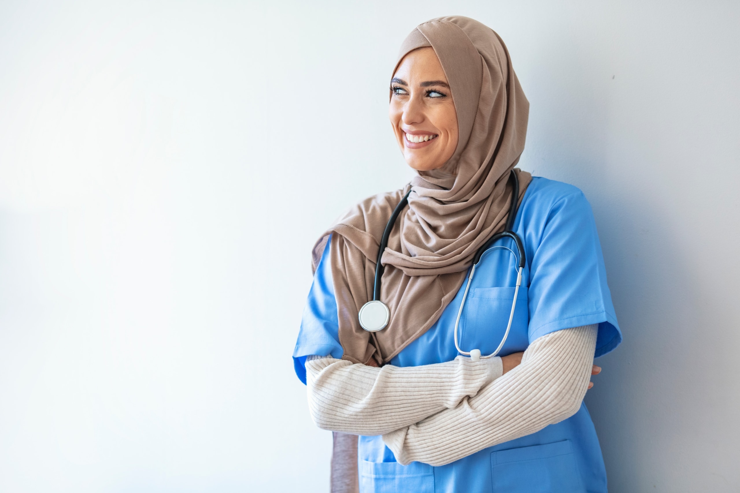 Smiling medical professional wearing a hijab