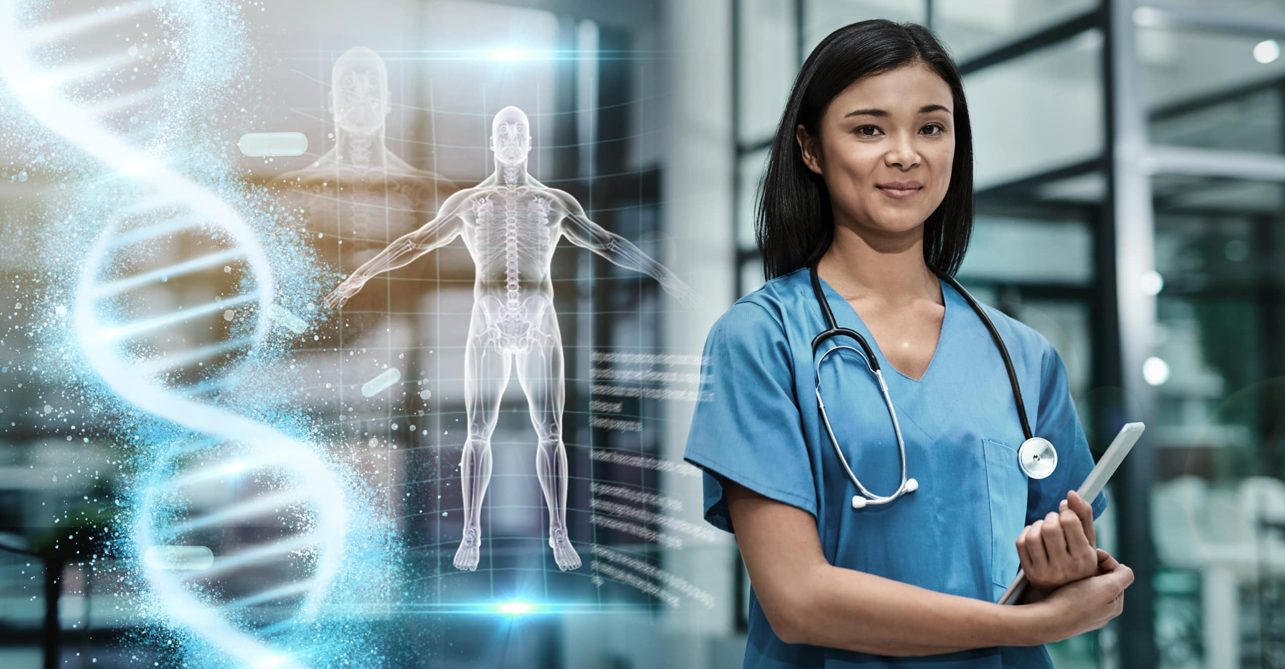 Smiling nurse next to healthcare symbols and technology