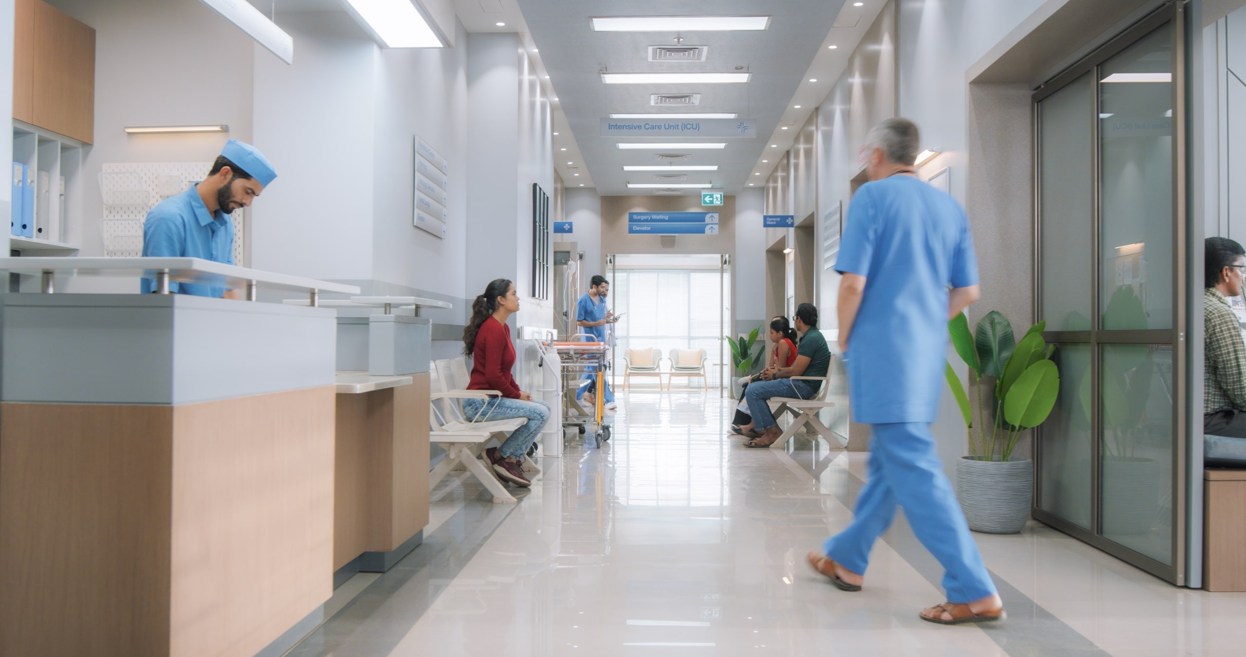 Establishing shot of active nurses in a hospital